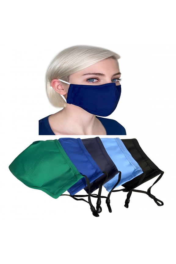 Cloth face masks washable, breathable, reusable with filter pocket, nose wire and adjustable ear loops, 3-layer cotton fabrics, solid color, for women, men, 5-pack