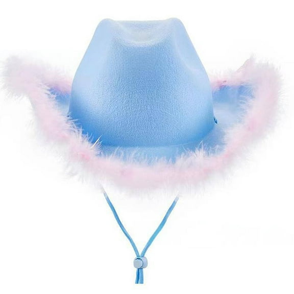 TELOLY Cowboy Hat,Adjustable Windproof Strap Cowgirl Hat for Secure Fit,Felt Material Safari Hat,Blue Pink Silk