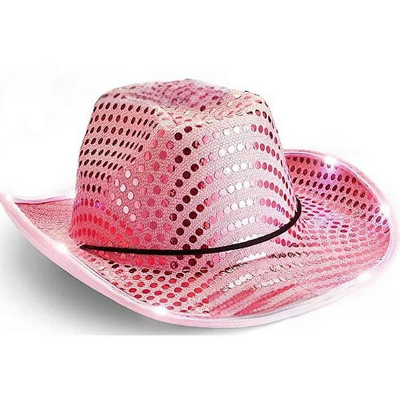 TELOLY Cowboy Hat,Light-Up Cowgirl Hat with Silver and Pink LED Lights,Sparkling Safari Hat with Full Sequin Coverage