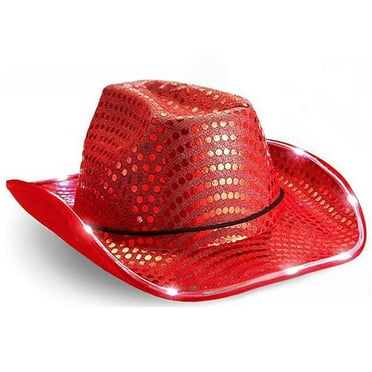 TELOLY Cowboy Hat,Built-In LED Lights Cowgirl Hat for Ultimate Party Vibes,All-Over Sequin Coverage Safari Hat for Stylish Western Flair,Red Light