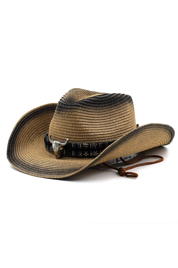 Cowboy Hat,Wide Brim Cowgirl Hat for Full Coverage,Adjustable Wind Strap Safari Hat,Khaki Black