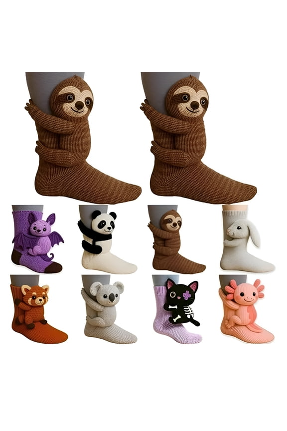 Cozy Sloth 3D Knit Animal Socks, Hug Hug Socks for Women Men Christmas Gifts, Brown Hugging Design, Hug Hug Animal Socks