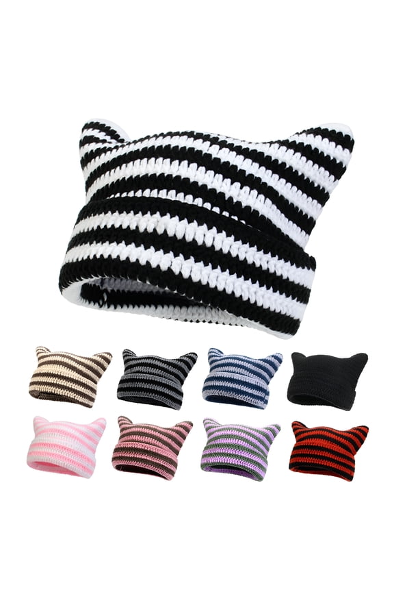Crochet Hats for Women Handmade Knit Cat Ear Beanie Hat Winter Fox Hat Slouchy Vintage Goth Grunge Beanies
