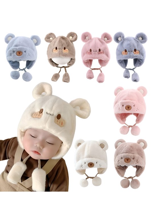 2026 New Cute Baby Boys Girls Winter Hats Bear Ears Earmuffs Cap with Soft Balls, Fleece Warm Hemming Caps for Cold Weather, Outdoor Play, Winter Activities, Family Outings, Holiday Gifts