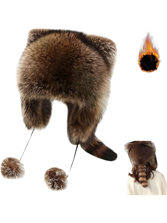 Cute Raccoon Plush Hat with Tail, Adjustable Faux Fur Animal Ear Flap Hat, Warm Winter Beanie for Women Men, Kids