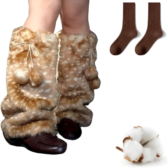 TELOLY Deer Print Leg Warmers, Women'S Padded Leg Warmers, Soft, Thick, and Furry Deer Print Leg Warmers, Deer Print Leg Warmers