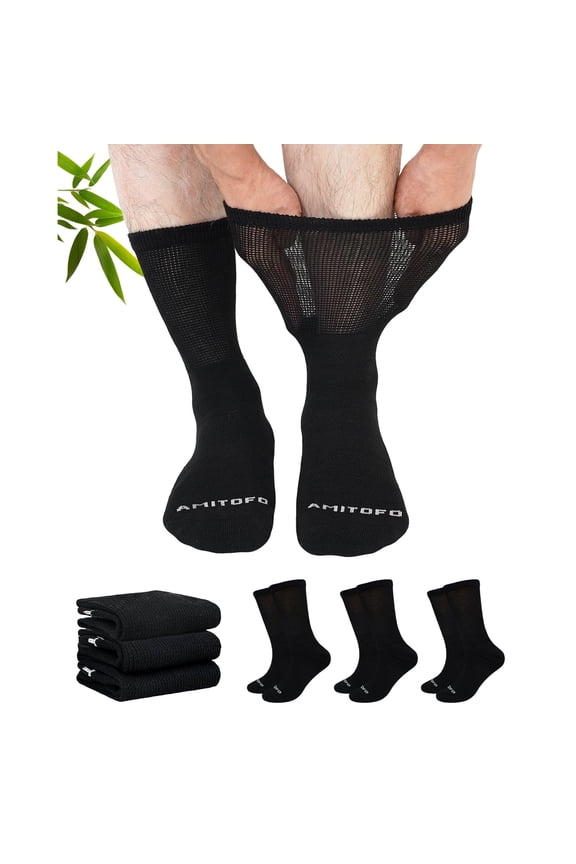 Diabetic Crew Socks for Men&Women Bamboo Viscose Non-Binding Seamless Socks with Reinforced Heel&Toe,3 Pairs,Size 11-13,Black
