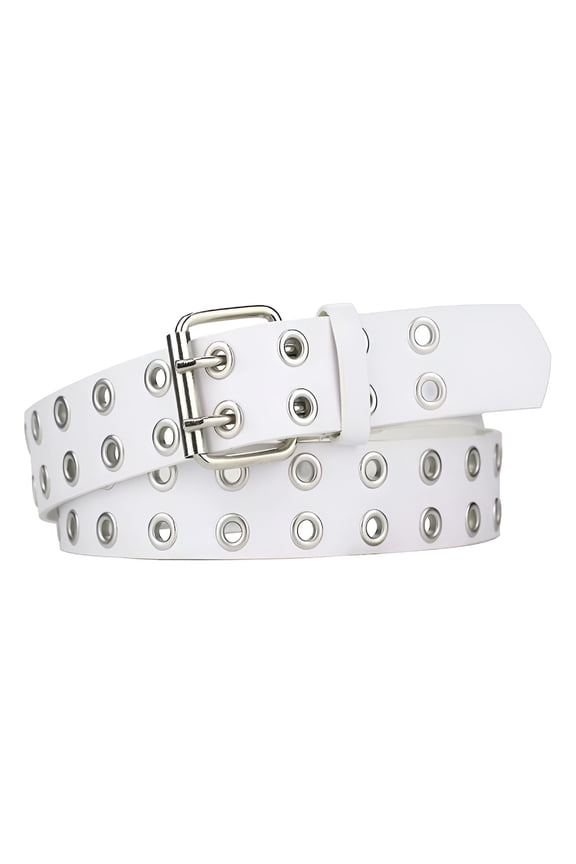 Double Grommet Belt,Pu Leather Punk Belt 2 Hole Grommet Jeans Belt for Women Men,White Belt Men