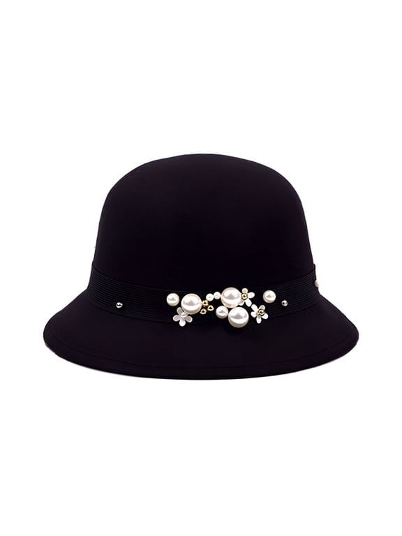 Dress Hats for Women Church,Panama Hat with Pearl Design,Top Hat British Style Faux Pearl Decor Down Brim Sunshading Round Top Decorate Retro Vintage Women Cloche Hat for Church