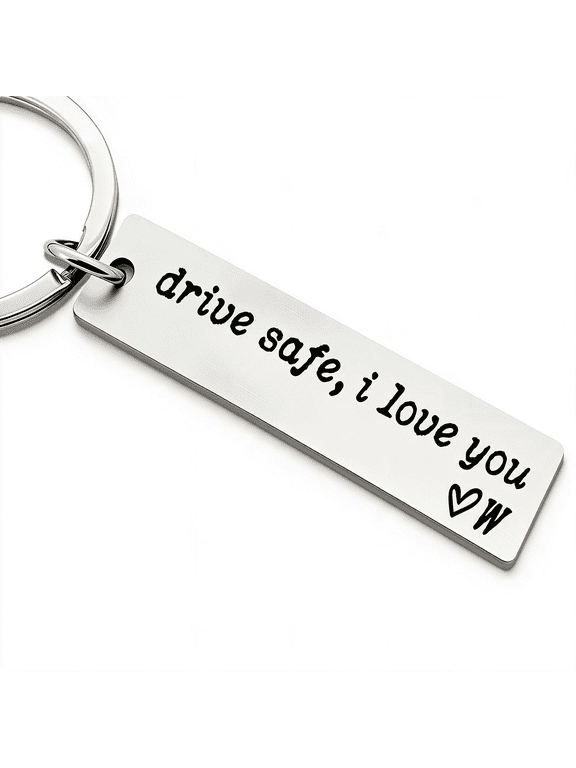 Drive Safe I Love You Keychain, AZ Initial Engraved Stainless Steel Key Ring, Personalized Gift for Boyfriend, Husband & Family Members Letter Keychain