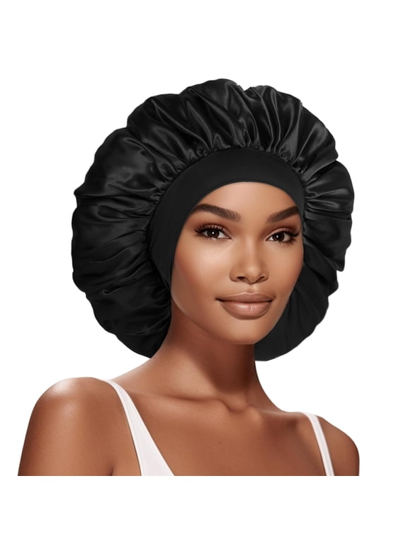 Extra Large Satin Bonnet Hair Cap for Women Men 17"Es,Jumbo Silk Sleep Cap,Wide Elastic Band for Braids Curly Hair Locs Satin Bonnet for Sleeping,Black