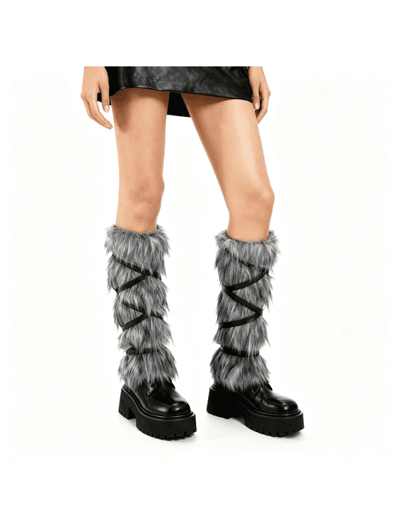 Faux Fur Arm & Leg Warmers for Medieval Warrior Costume,Fluffy Long Boot Cuffs Covers Arm Wrap Cosplay Accessory for Women Men Cozy Faux Fur Leg Warmers - Grey