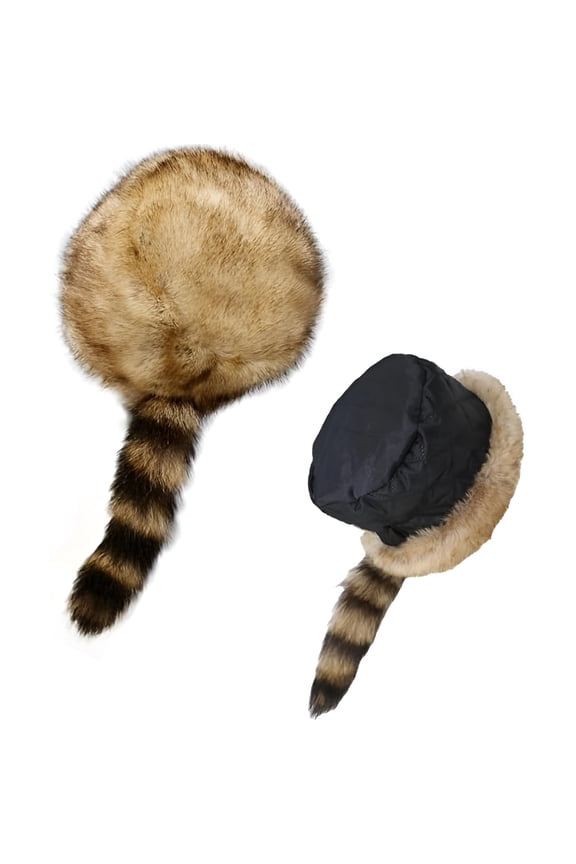 Faux Fur Raccoon Tail Hat for Women Men, Faux Coonskin Cap with Tail Flat Top Winter Hat Racoon Hat with Tail