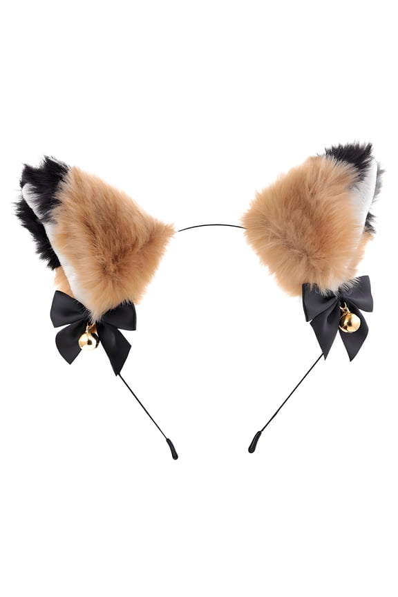 Faux Furry Head,Cartoon Plush Cat Ears,Fur Headband with Bow and Bell,Fuzzy Headband for Cosplay,Makeup and Photo Props,Brown