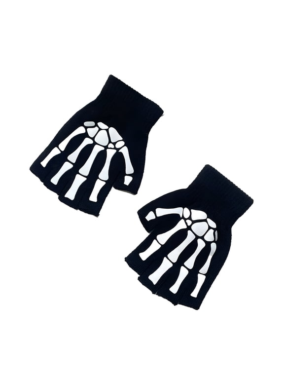 Fingerless Gloves Glow-In-The-Dark Skeleton Gloves Skull and Bone Design Knitted Winter Mittens Halloween Must-Have,Black,Bone Claw