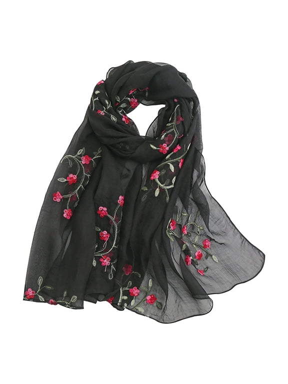 Floral Embroidered Chiffon Scarf,Silk-Like Lightweight Beach Wrap Shawl for Women,Summer Spring Evening Dress Cover Up,Gift Idea Black