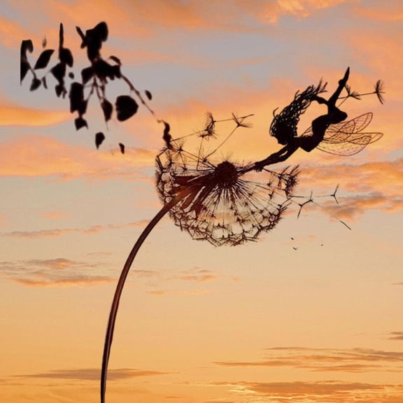 TELOLY Flower Fairy Dancing with Dandelion,Fairy Garden Sculptures,Angel Metal Ornaments Gardens Art Sculpture,Stainless Steel Statue Garden Ornaments Art Decorations Outdoor Yard Lawn Patio (A)