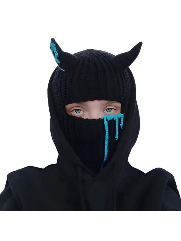Funny Devil Horns Knitted Beanies Hat for Men Women Warm Balaclava Hat Full Face Ski Mask Hat