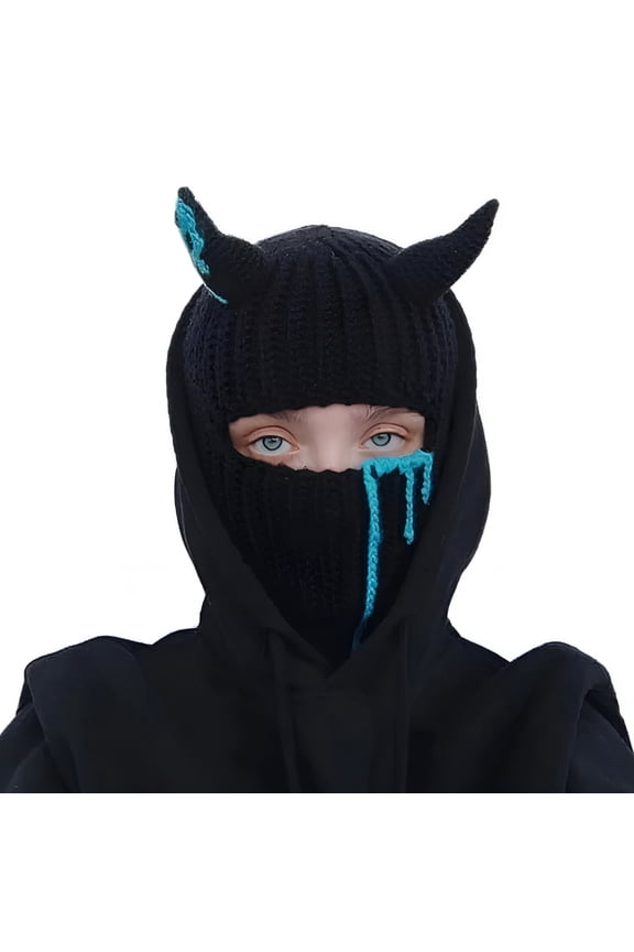 Funny Devil Horns Knitted Beanies Hat for Men Women Warm Balaclava Hat Full Face Ski Mask Hat