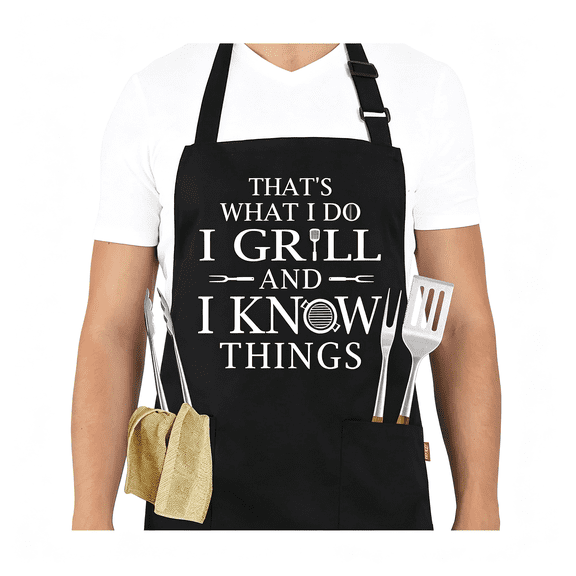 TELOLY Funny Grilling Aprons for Men-Mens Chef Cooking Bbq Grill Apron|That S What I Do I Grill and I Know Things,Cotton,Adjustable,2 Pockets,Long Ties,Husband Dad Papa Grilling Gifts