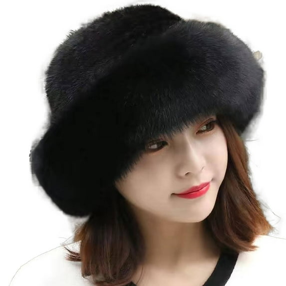 TELOLY Fur Hat Warm and Thickened Design Fur Hat for Women High End Mink Fur Imitation Material Faux Fur Hat Deep Black