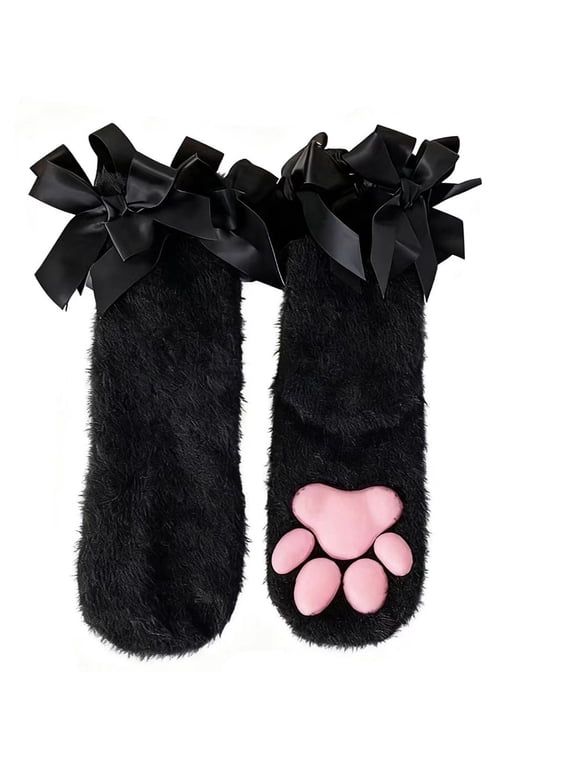 Fuzzy Cute Cat Paw Socks, Cozy 3D Paw Pad Toe Beans Paw Socks for Women(Black)