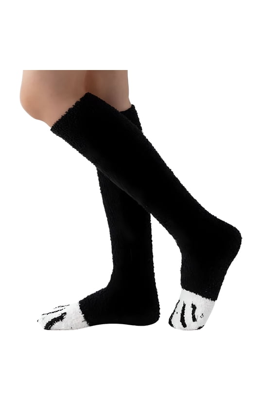 Fuzzy Socks for Women Cozy Warm Coral Fleece Knee High Socks Cat Stripe Cute Winter Slipper Sock Thick Bed Sock Girls Stocking Black