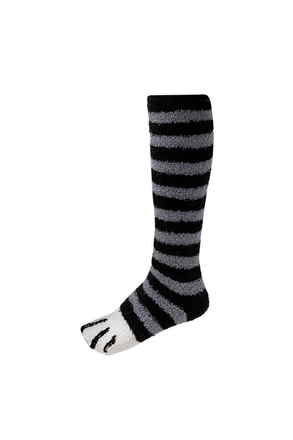 Fuzzy Socks for Women Cozy Warm Coral Fleece Knee High Socks Cat Stripe Cute Winter Slipper Sock Thick Bed Sock Girls Stocking Grey