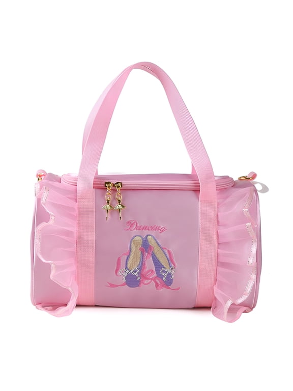 Girls Dance Bag, Kids Ballet Gymnastics Duffle with Shoulder Strap, Cute Toe Shoes Embroidery Sports Tote for Ballet