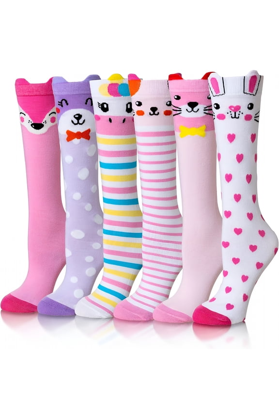 Girls Knee High Socks Kids Crazy Fun Gift Silly Tall Boot Cute Animal Cotton Long Socks 6 Pairs