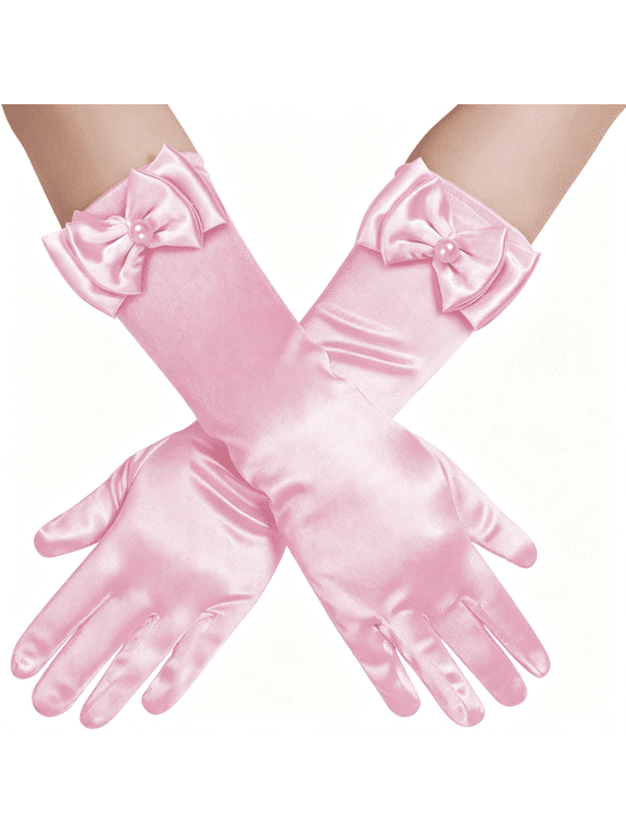 Girls Princess Gloves,Girl White Long Satin Princess Dress Up Diamonds Bows Gloves for Birthday,Wedding,Costume Party Satin Bows Princess Gloves
