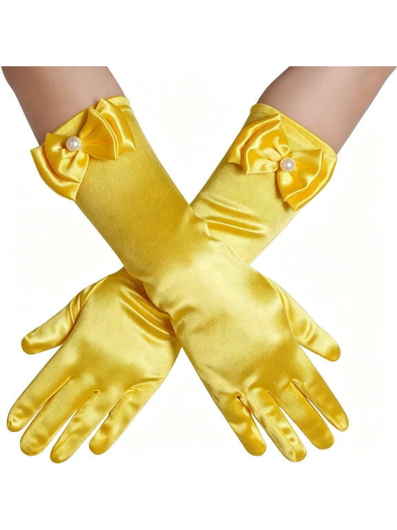 Girls Princess Gloves,Girl White Long Satin Princess Dress Up Diamonds Bows Gloves for Birthday,Wedding,Costume Party