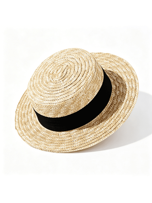 Girls Straw Boater Hat Kids Beach Hats Toddler Natural Wheat Straw Skimmer Hat Boys Handmade Flat Crown Sun Hats