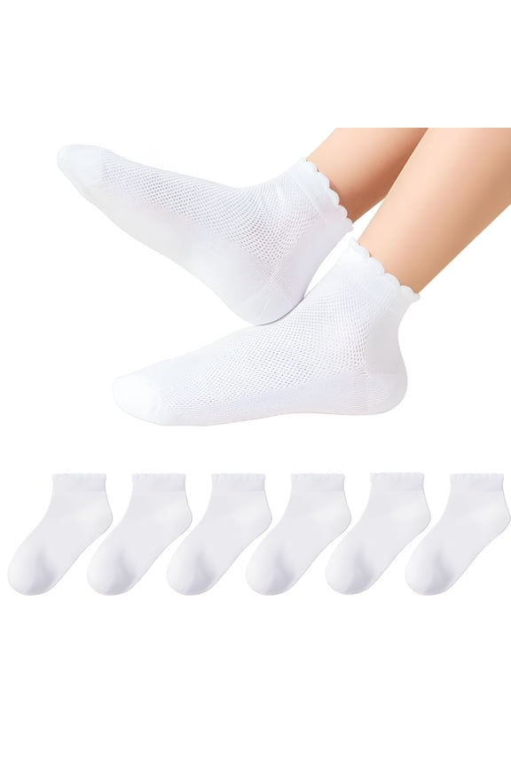Girls White Ruffle Socks School Uniform Kids Cotton Crew Ankle Cute Frilly Dress Socks 5 Pack