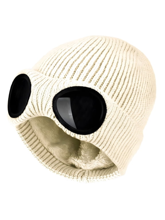 Goggle Hat, Beanie Style with Ribbed Knit Cuff for Winter - Unisex Black
