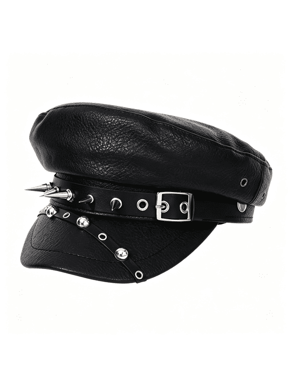 Goth Hat for Women Y2K Punk Faux Leather Vintage Grunge Emo Hat Gothic Style Cool Flat Cap Beret Hat Y2K Hat (22-22.8Inch)