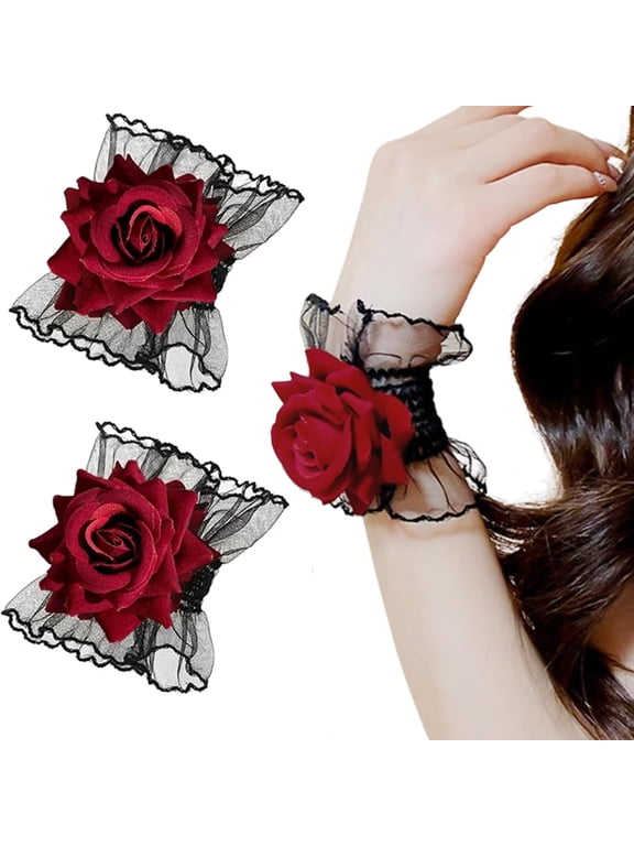 Gothic Rose Lace Gloves,Black with Wine Red Flower,1 Pair|Lolita Hand Sleeve,Elastic Bracelet,Wrist Cuff,Wedding Halloween Prom Costume,For Women Girls