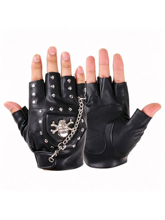 Half Finger Punk Rivets Pu Leather Gloves Black Biker Gloves with Metal Chain for Motorcycles Fingerless Dancing Mittens Black Pu Leather Punk Style Biker Gloves