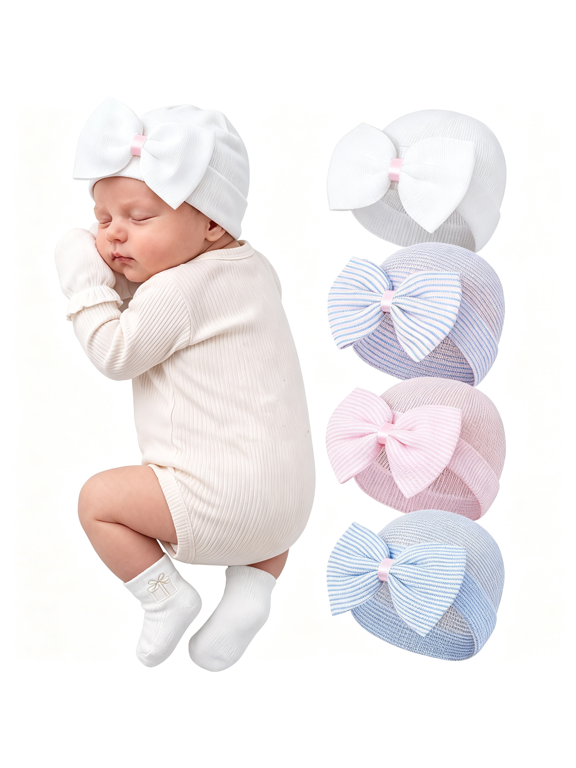Hospital Newborn Hat Girl with Bow Infant Baby Beanie First Photos,Stretch-Cotton Knit Hats for Newborn Girls,Hospital Bags,Coming Home,Nursery,Sleep,Photos,And Baby Shower Gifts.
