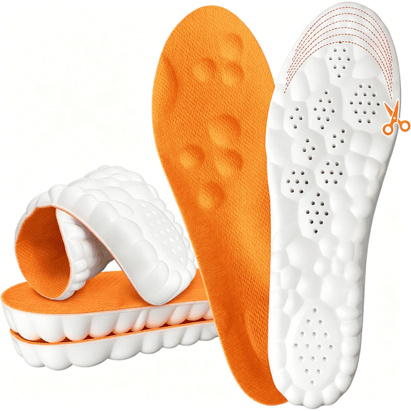 TELOLY Insoles for Men & Women, 4D Memory Foam Cloud Footstr Insoles, Comfortable & Breathable Massage Shoe Inserts with Arch Support for Foot Pain & Fatigue (Orange, Us M 7-11/W 8.5-13.5)
