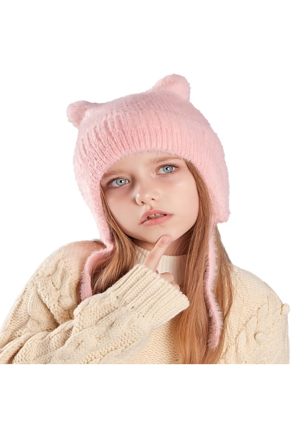 Kids Beanie Hat for Winter with Earflaps, Children Cute Cat Ears Toddler Girls Boys Warm Wool Knit Ear Flap Cap