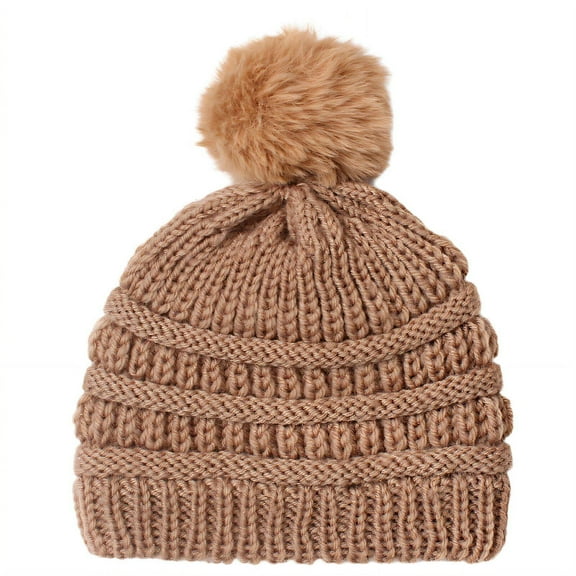 TELOLY Kids Beanie,Large Elasticity Girls Winter Hat,Pom Pom Style Winter Hat,Brown
