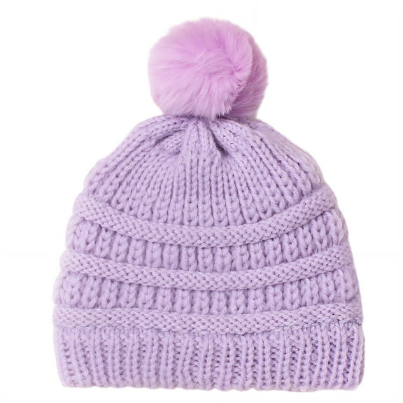 TELOLY Kids Beanie,Stretchy Fit Boys Winter Hat,Pom Pom Design Kids Winter Hat,Purple