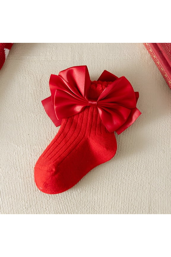 Kids Girl Cotton Ankle Socks - Ribbed Non-Slip with Satin Bow, Red, Festive and Everyday Wear (Sizes S-XL), Size 1 T