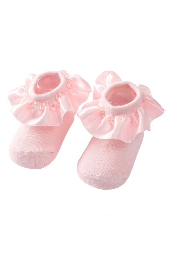 Kids Socks,0-12 Months Ruffle Socks,Satin Lace Trim Lace Socks,Pink1