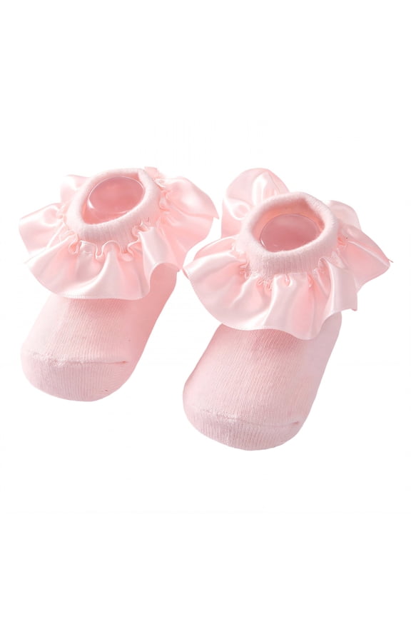 Kids Socks,0-12 Months Ruffle Socks,Satin Lace Trim Lace Socks,Pink1