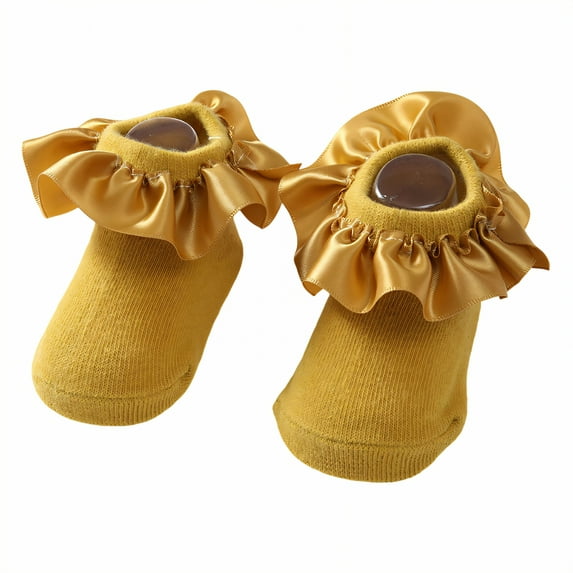 TELOLY Kids Socks,0-12 Months Ruffle Socks,Soft Gripped Sole Lace Socks,Yellow