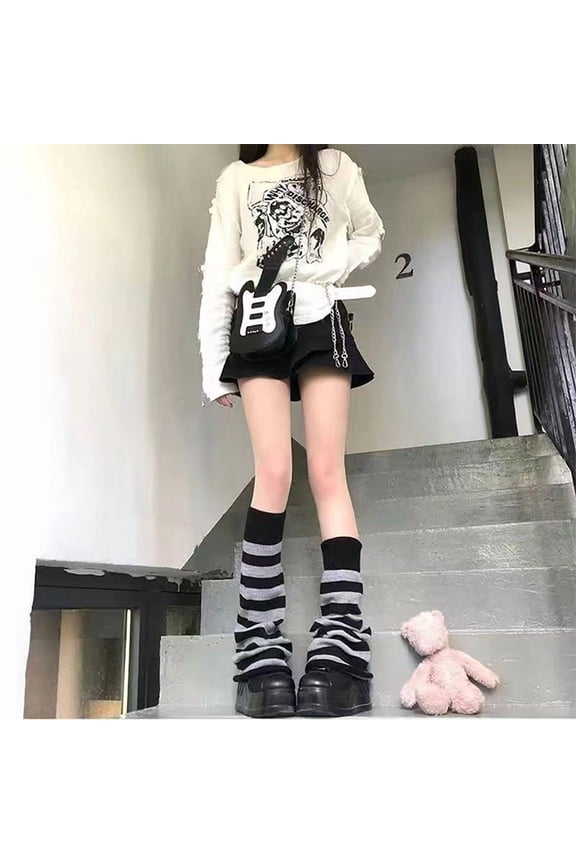 Knitted Leg Warmers Women Leg 1 Pair Japanese Style Flared Shape Long Student Leg Elastic Cuffs Solid Color Striped Loose Knitted Leg Fashion, Gray Polyester Base Warmers