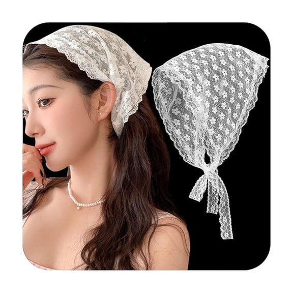 TELOLY Lace Flower Hair Scarf White Bandanas Women Sweet Headscarf Head Scarfs Lace Up Floral Apron Triangle Head Scarf Womens Headwraps Cute Bandana Womens Vintage Hair Scarves Aesthetic Headwrap