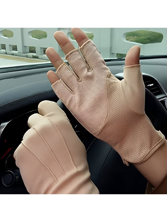 Lightweight Summer Fingerless Gloves Men Women UV Sun Protection Driving Cotton Gloves Nonslip Touchscreen Gloves-Beige